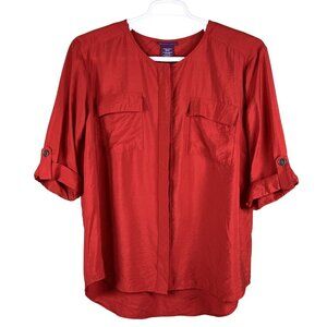 Beverly Drive NWT Womens 2X Holiday Red Silky Blouse 3/4 Tab Sleeve Pockets